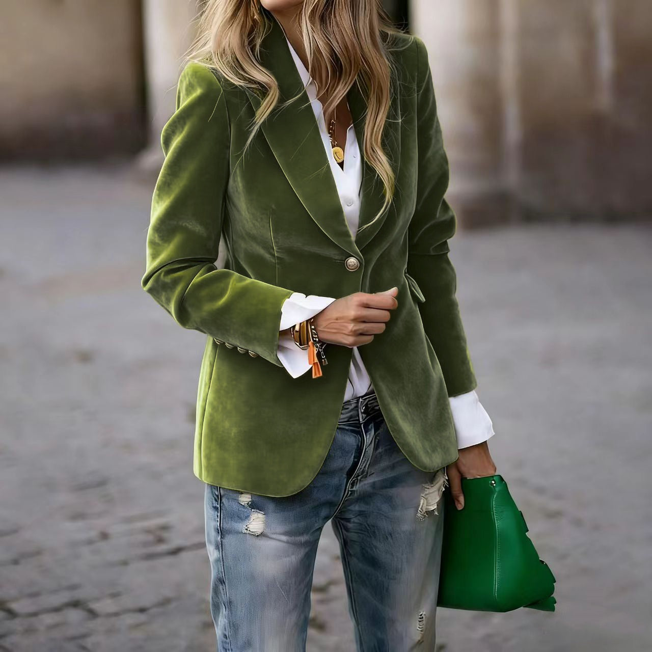 Sarah Express Women's Velvet Blazer - Single Breasted Slim Fit Business Jacket Olive drab