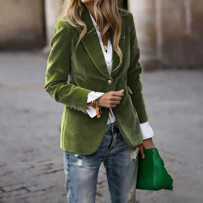 Sarah Express Women's Velvet Blazer - Single Breasted Slim Fit Business Jacket Olive drab