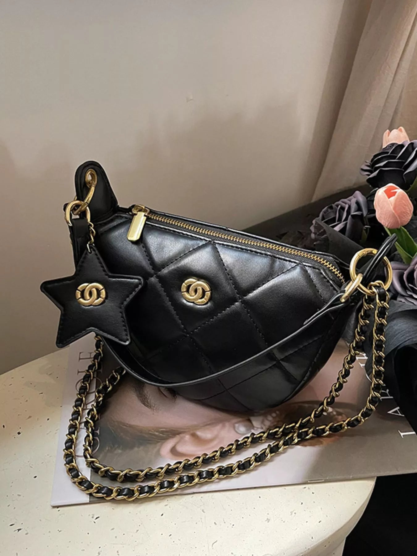 Sarah Express Women's Quilted Chain Crossbody Bag - Mini PU Leather Shoulder Purse Black ONESIZE