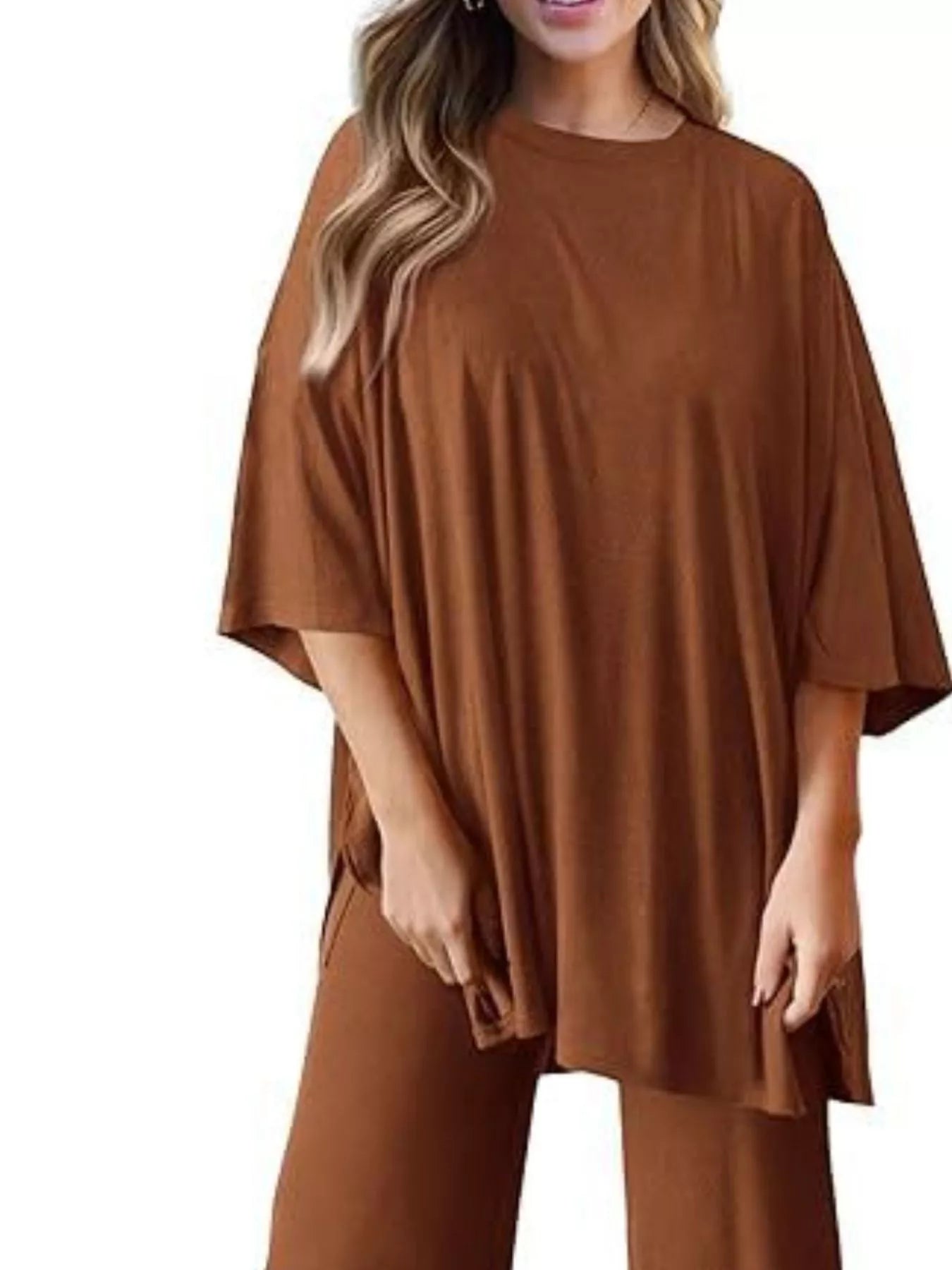 Sarah Express Women's Two Piece Slit Round Neck Top and Pants Set - Casual Loungewear Outfit