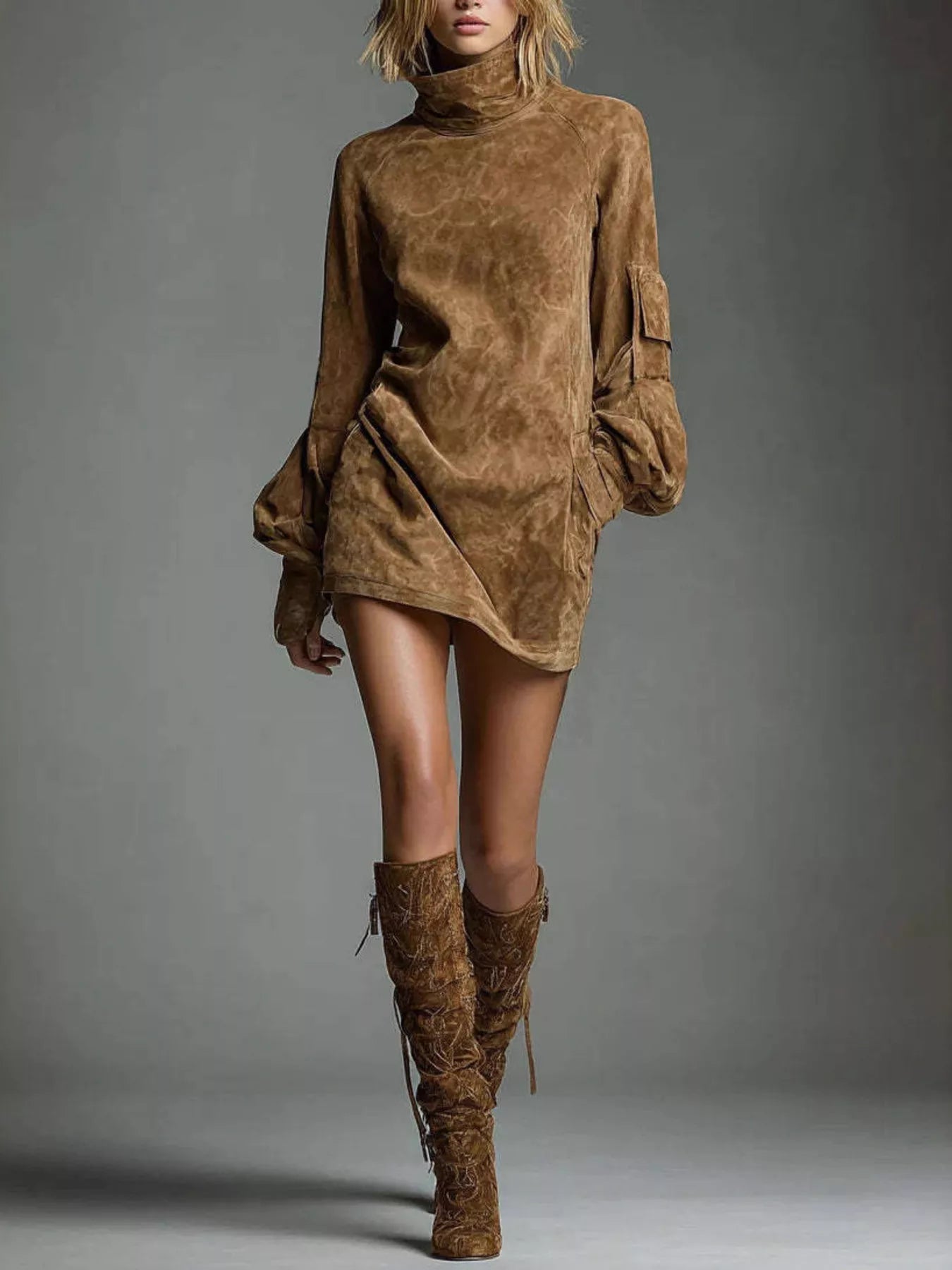 Sarah Express Women's Turtleneck Lantern Sleeve Mini Dress with Pockets Caramel Color