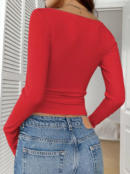 Sarah Express Women's Ribbed Knit Lace Trim Long Sleeve T-Shirt - Buttoned Casual Top