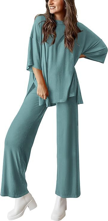 Sarah Express Two Piece Pullover Top Wide Leg Pants Set Polyester