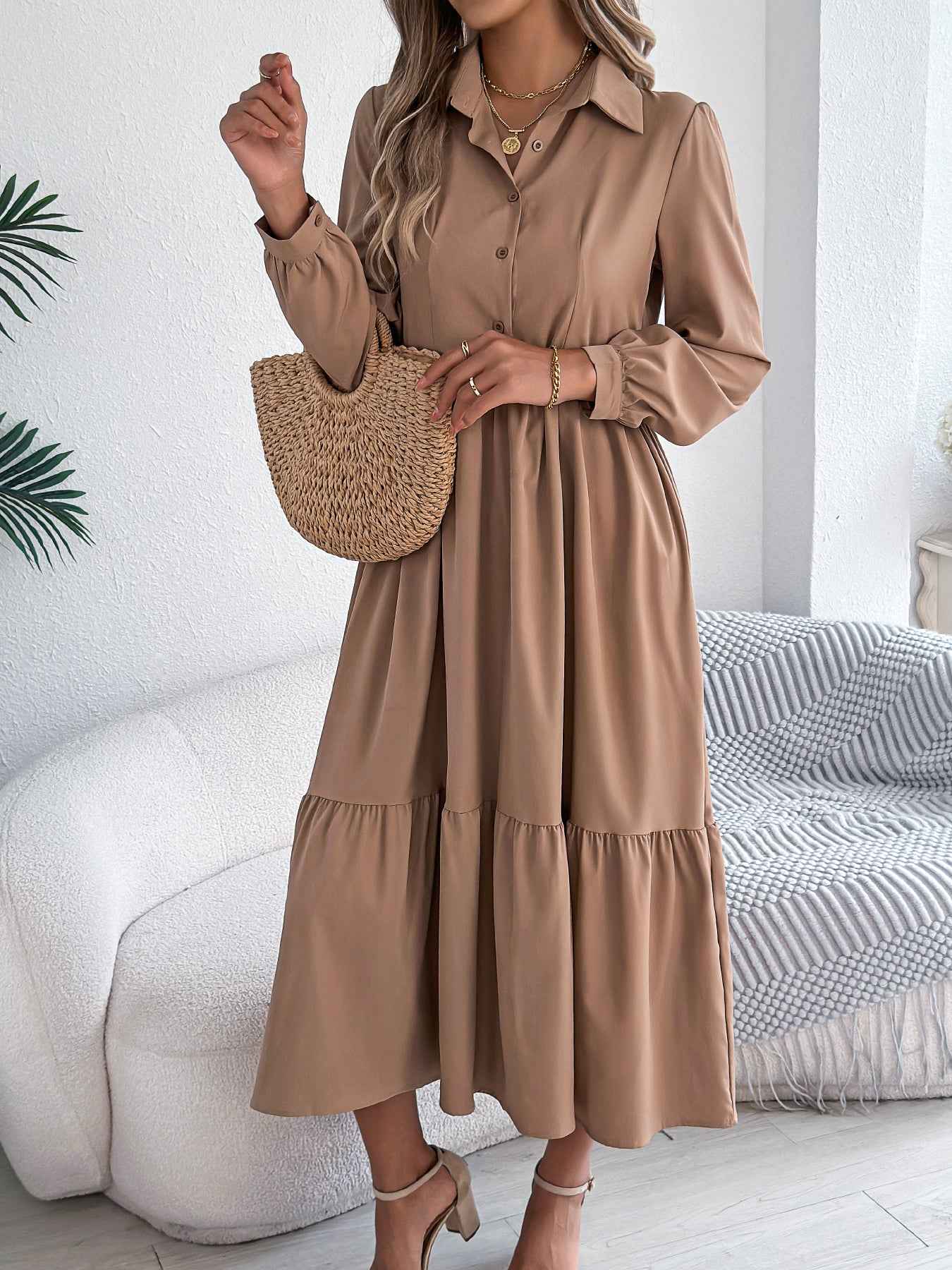 Sarah Express Women's Lapel Ruffled Shirt Dress - Long Sleeve Casual Blouse Dress