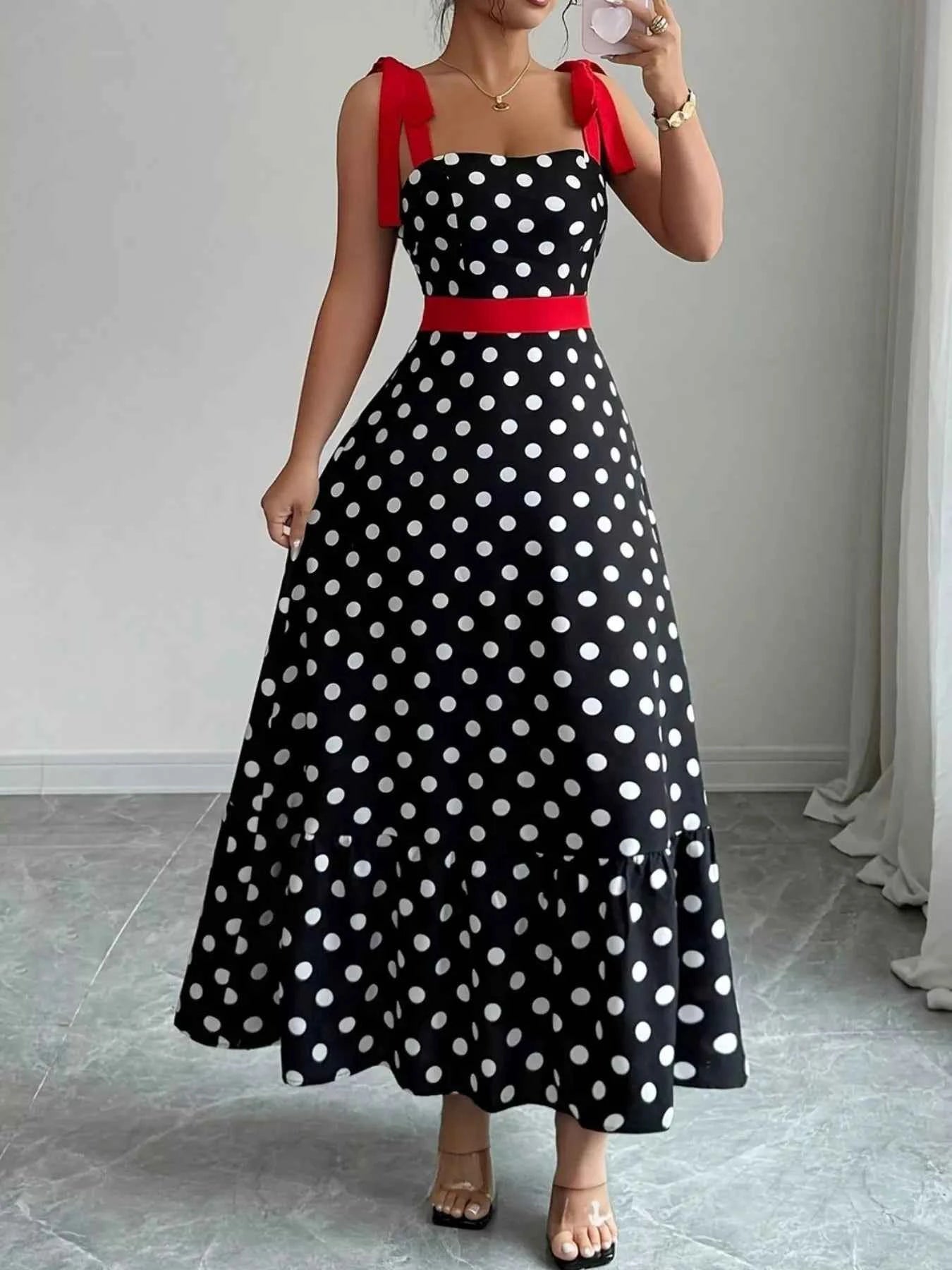 Sarah Express Women's Polka Dot Tie Strap Maxi Dress - Sleeveless Summer Dress