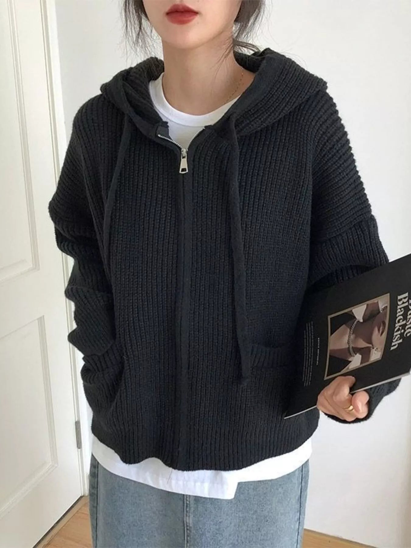 Sarah Express Women's Casual Knitted Zip-Up Hooded Cardigan Black