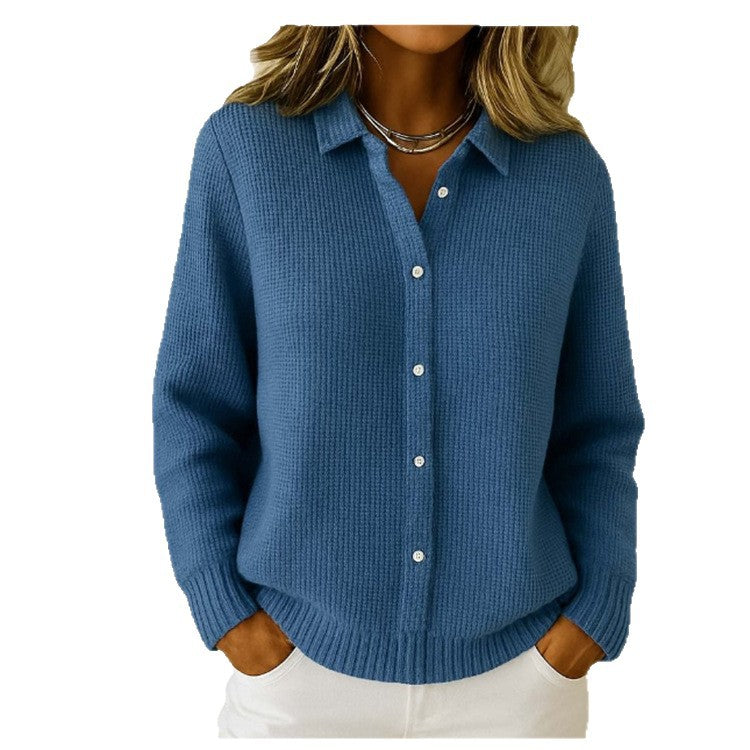 Sarah Express Women's Button Knit Cardigan Sweater - Long Sleeve Lapel Collar Winter Jumper Dark Blue