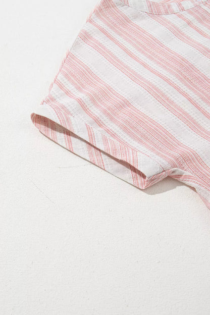 Sarah Express Women's Striped Button Detail Short Sleeve Blouse - Casual Cotton Blend Top