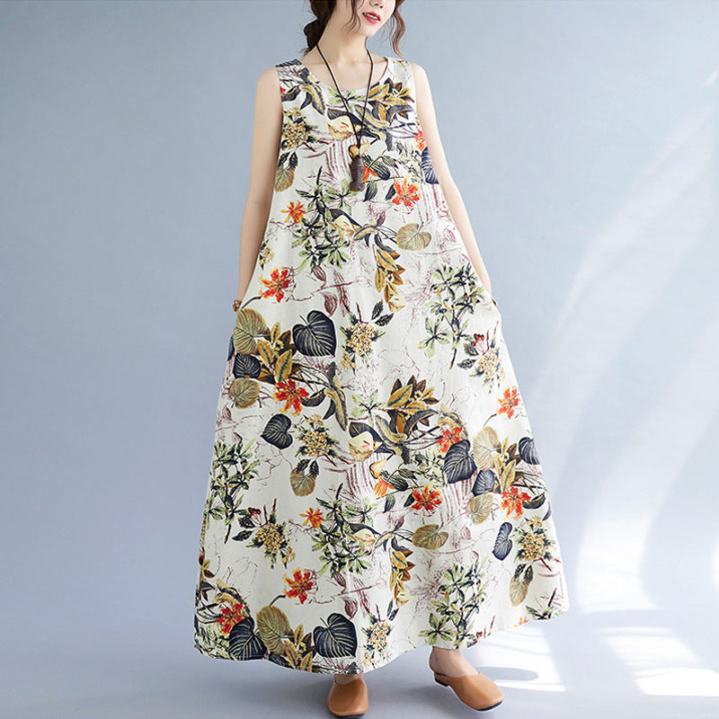 Sarah Express Women's Printed Cotton Linen Maxi Dress - Sleeveless Round Neck Bohemian Plus Size
