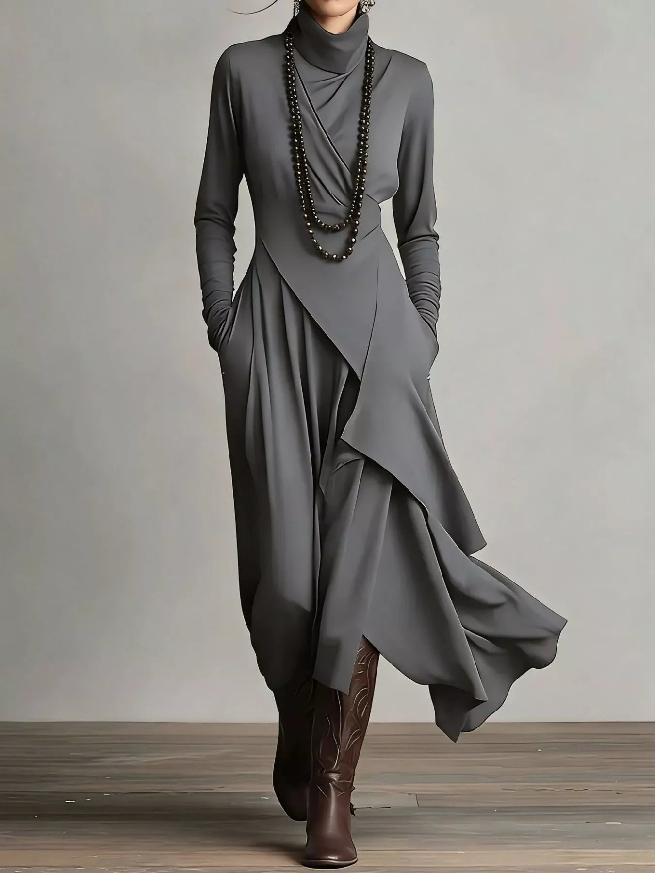 Sarah Express Women's Asymmetrical Hem Turtleneck Dress with Pockets Plus Size Gray