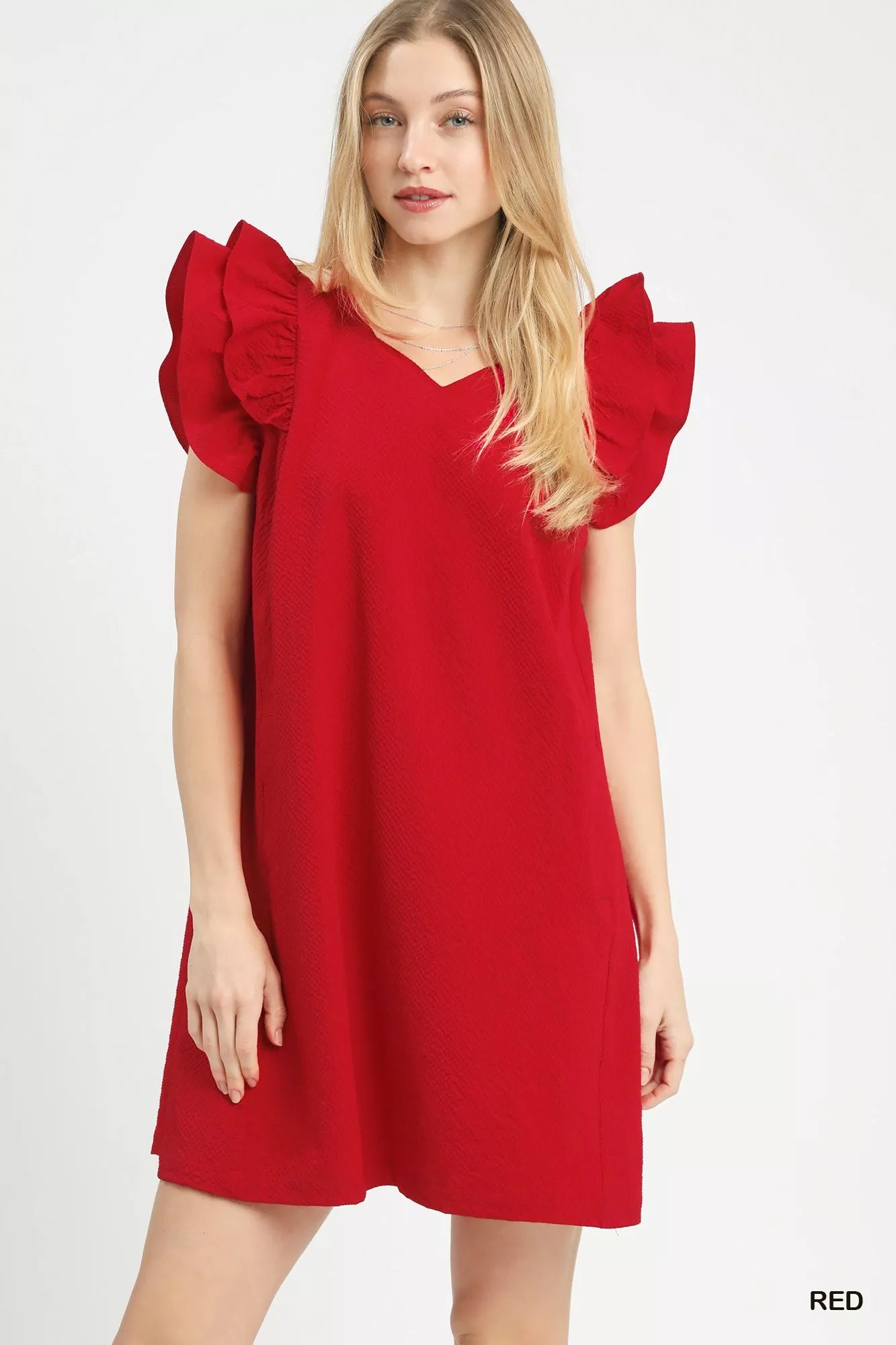 Sarah Express Women's Seersucker Ruffle Shift Dress Red