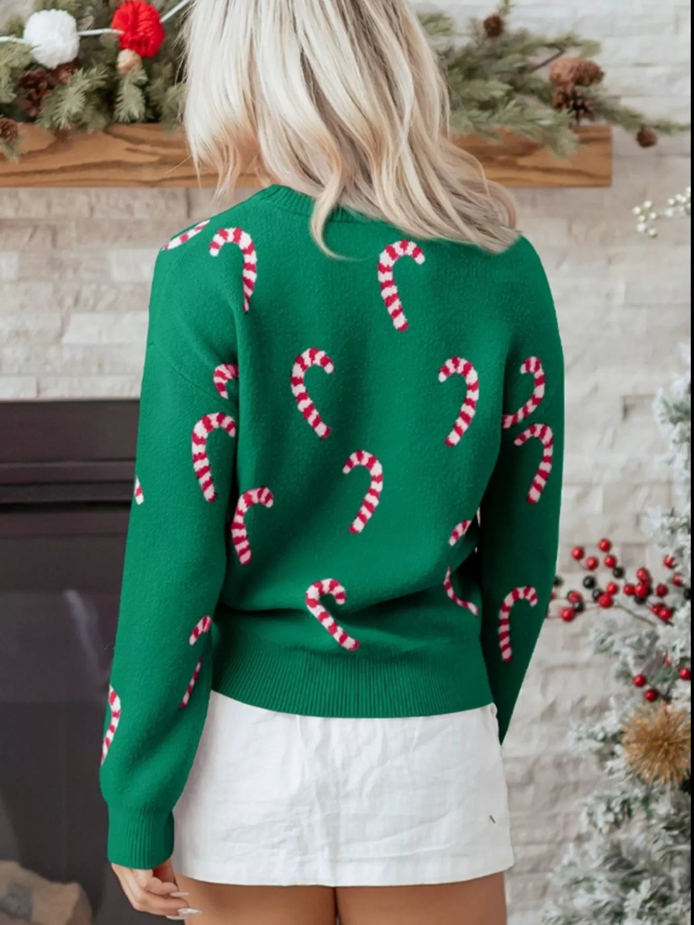 Sarah Express Women's Christmas Candy Cane Holiday Drop Shoulder Sweater