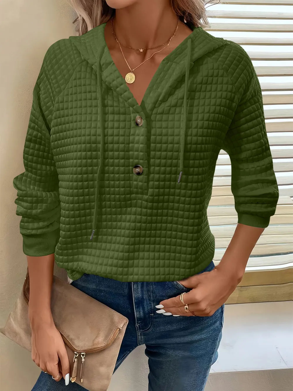 Sarah Express Women's Textured Button Detail Drawstring Long Sleeve Hoodie Dark Green