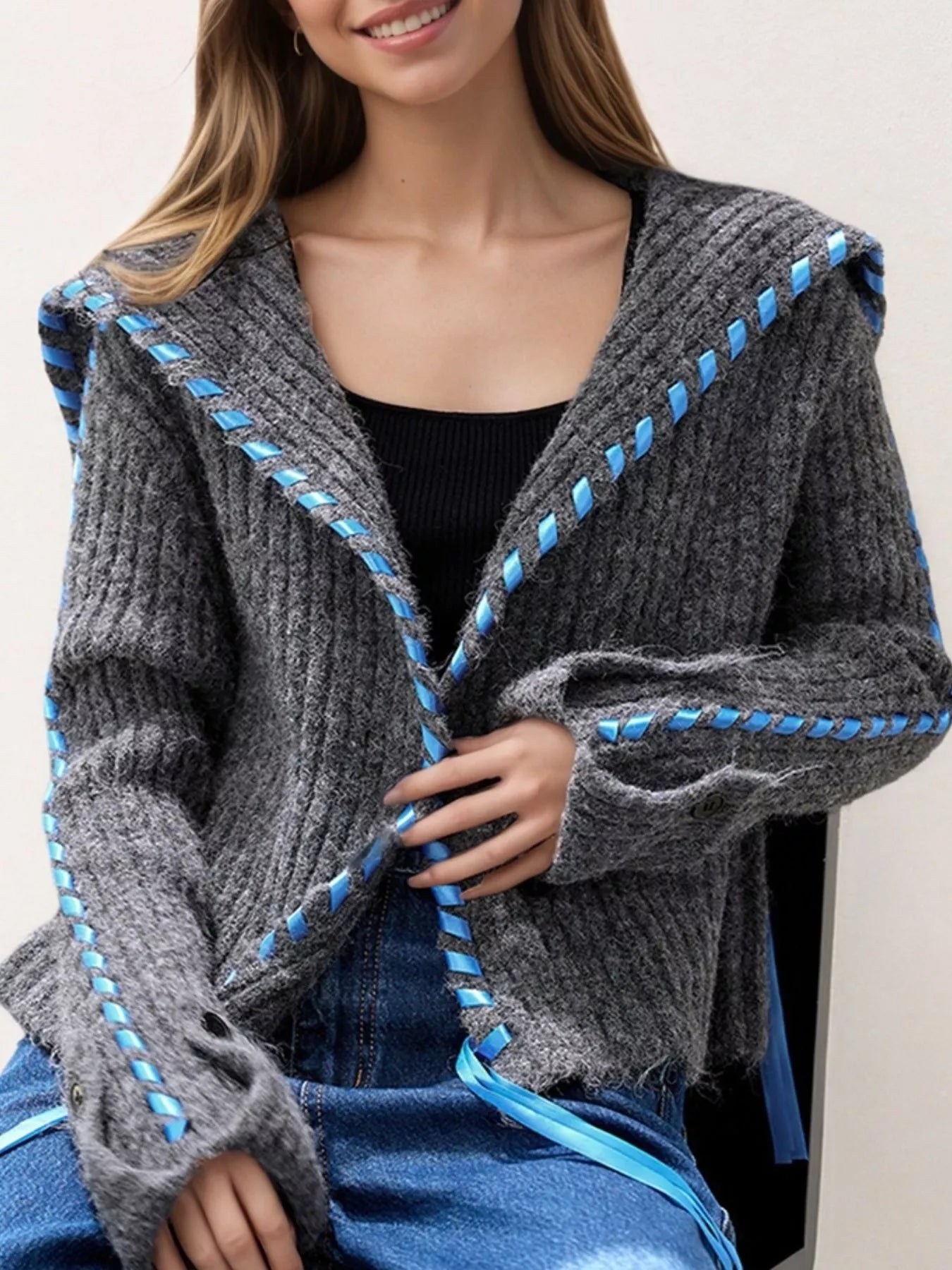 Sarah Express Cable Knit Open Front Cardigan Sweater with Button Detail
