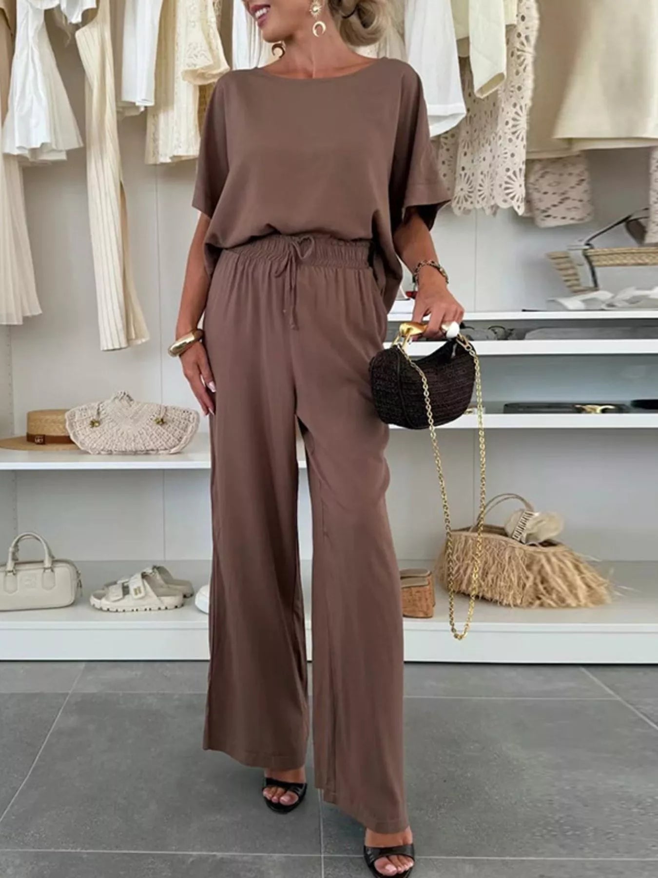 Sarah Express Women's Casual Loose Round Neck Top and Pants Two Piece Set Plus Size Light Brown