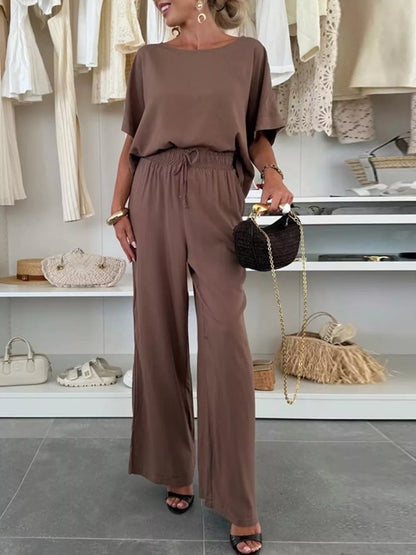 Sarah Express Women's Casual Loose Round Neck Top and Pants Two Piece Set Plus Size Light Brown
