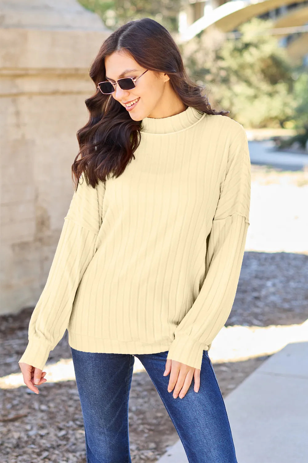 Sarah Express Women's Ribbed Mock Neck Knit Top - Exposed Seam Long Sleeve Light Yellow