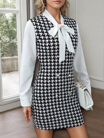 Sarah Express Women's Houndstooth Print Tie Neck Long Sleeve Mini Dress