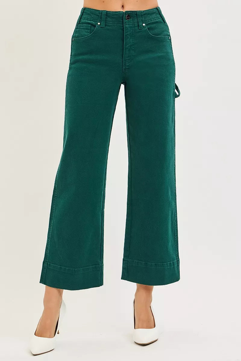 Sarah Express Women's Tummy Control High Rise Crop Wide Leg Pants - Flattering No-Waistband Design HUNTER GREEN