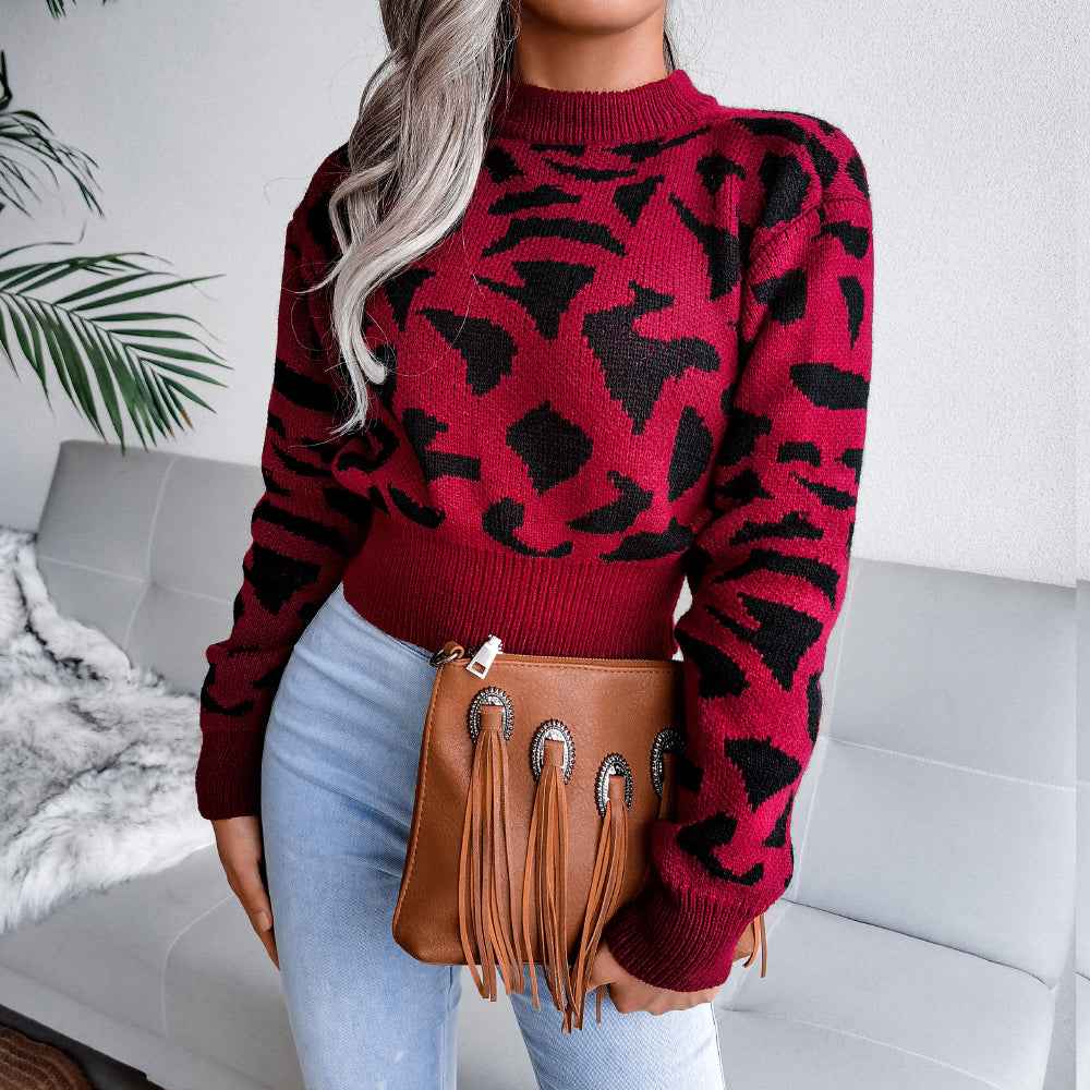 Sarah Express Women's Leopard Print Cropped Sweater - Cinched Knit Long Sleeve Top Red