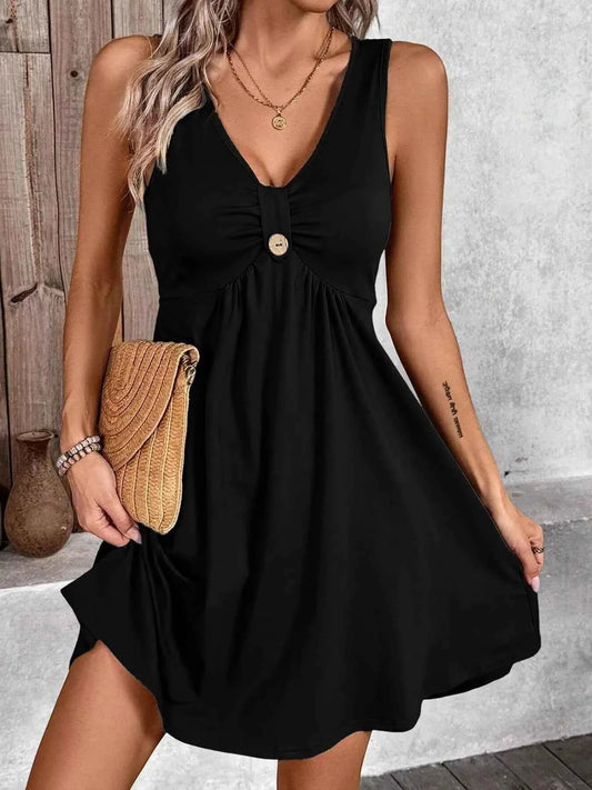 Sarah Express Women's Sleeveless V-Neck A-Line Dress - Casual Flowy Midi Dress