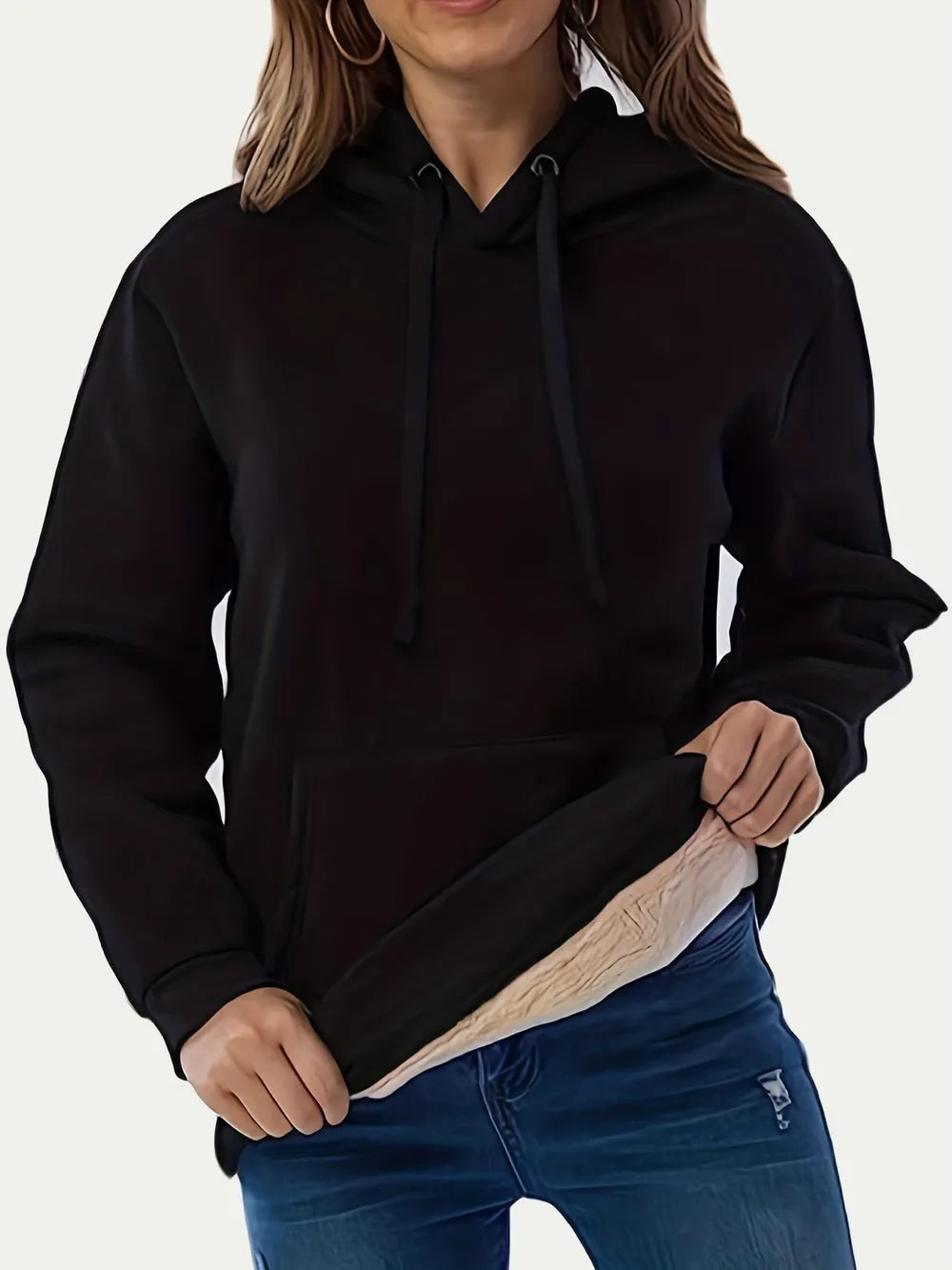 Sarah Express Women's Drawstring Long Sleeve Hoodie with Kangaroo Pocket Black