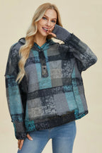 Sarah Express Women's Plaid Dropped Shoulder Fleece Hoodie