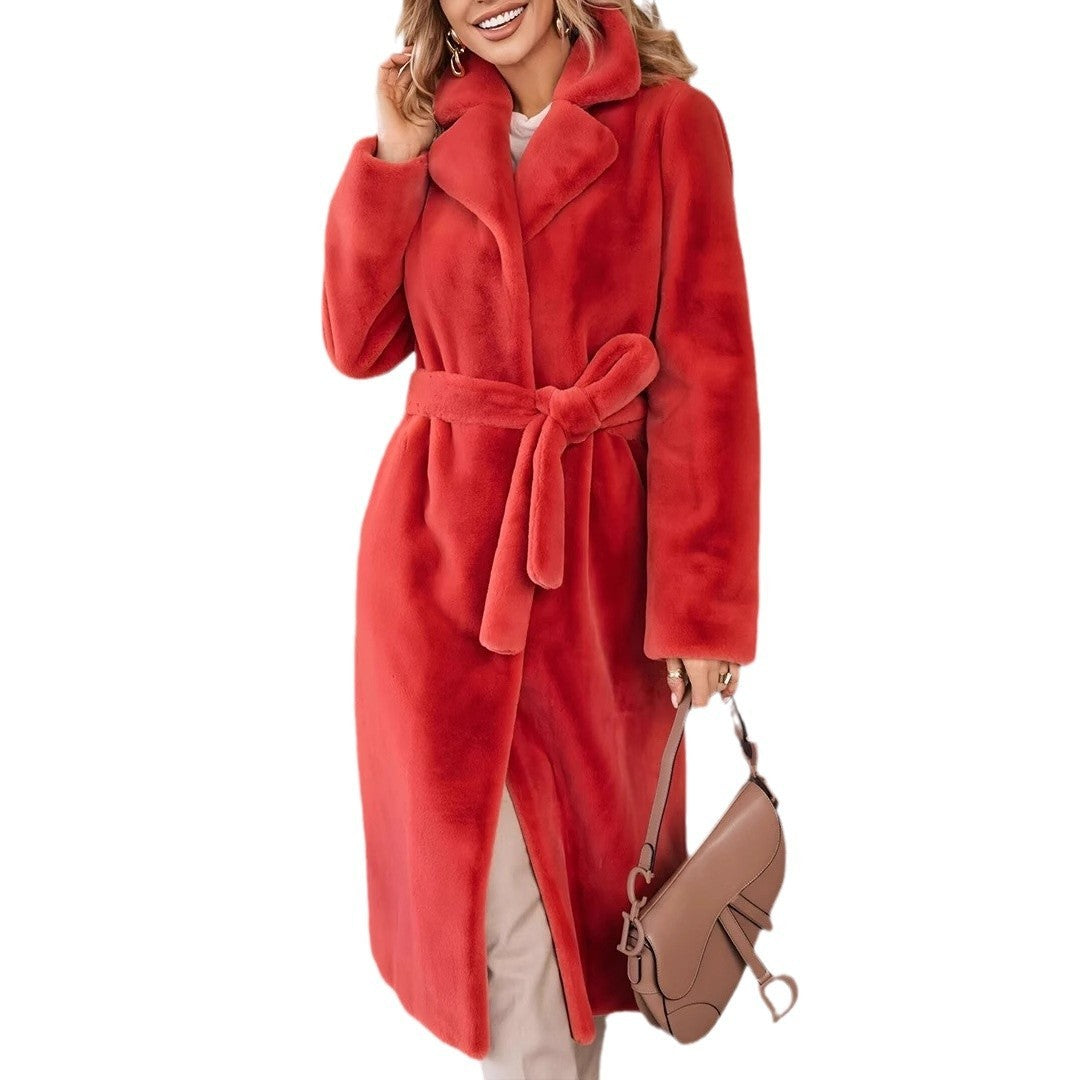 Sarah Express Lace-Up Plush Long Coat Turn-Down Collar Outerwear