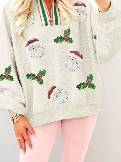 Sarah Express Women's Sequin Santa Christmas Sweatshirt - Holly Patched Striped Trim Zip V Neck