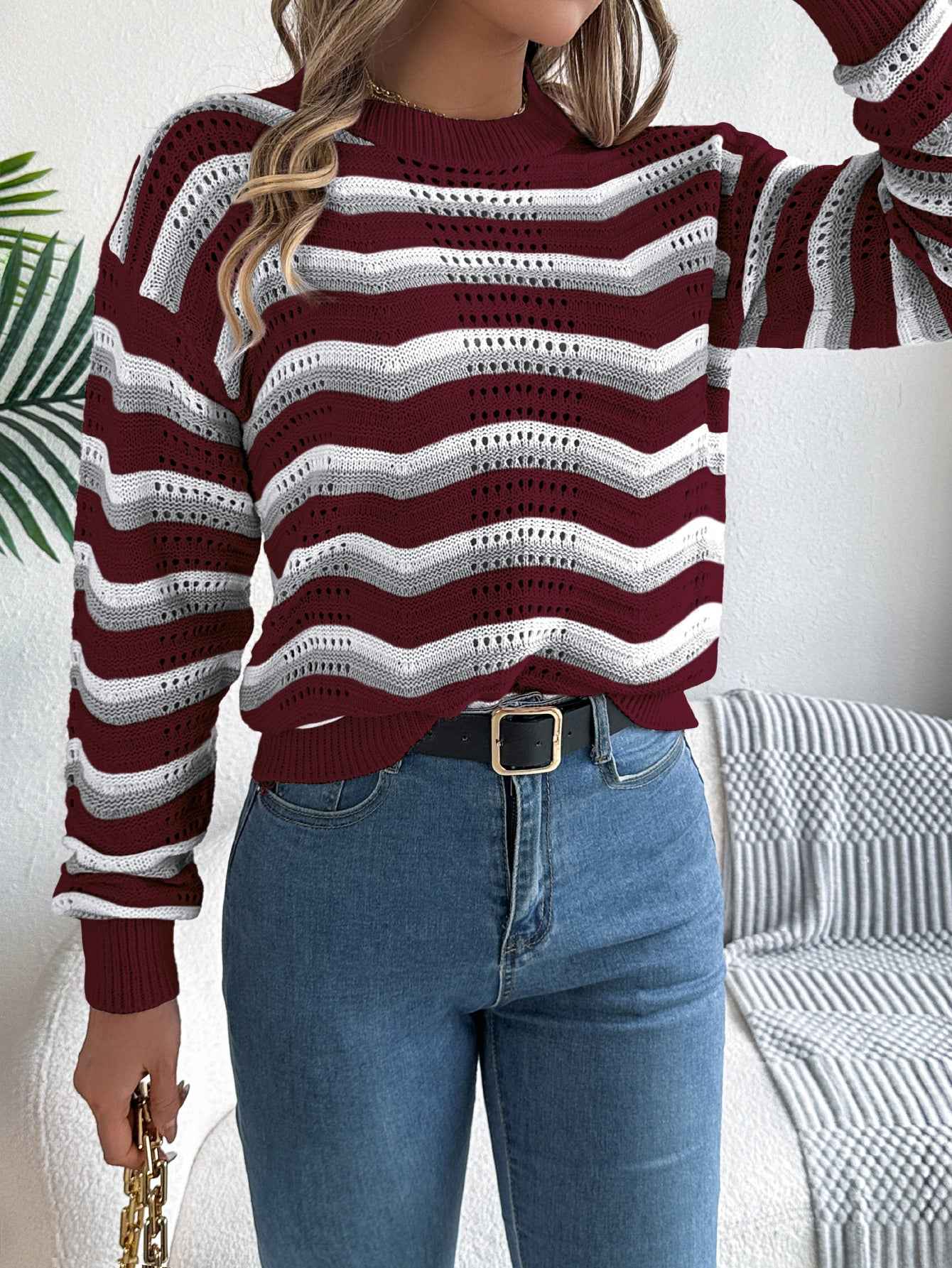 Sarah Express Women's Hollow Out Color Block Stripe Lantern Sleeve Pullover Sweater