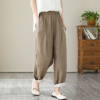 Sarah Express Women's High Waist Cropped Pants Loose Fit Cotton Linen - Casual Plus Size Ankle Length