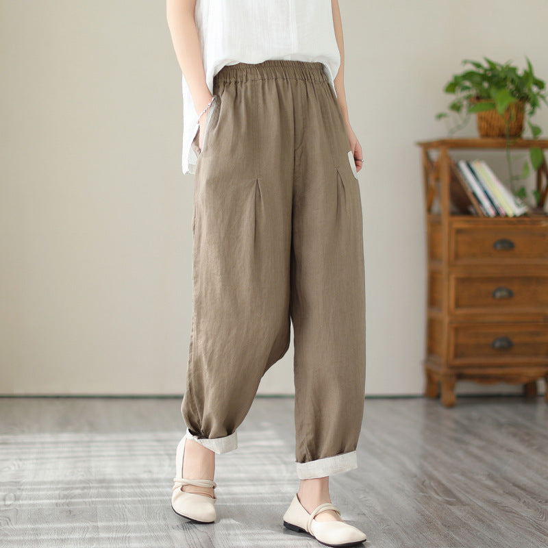 Sarah Express Women's High Waist Cropped Pants Loose Fit Cotton Linen - Casual Plus Size Ankle Length