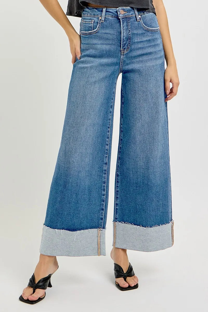Sarah Express Women’s Plus Size Tummy Control High Rise Ankle Jeans with Wide Cuff
