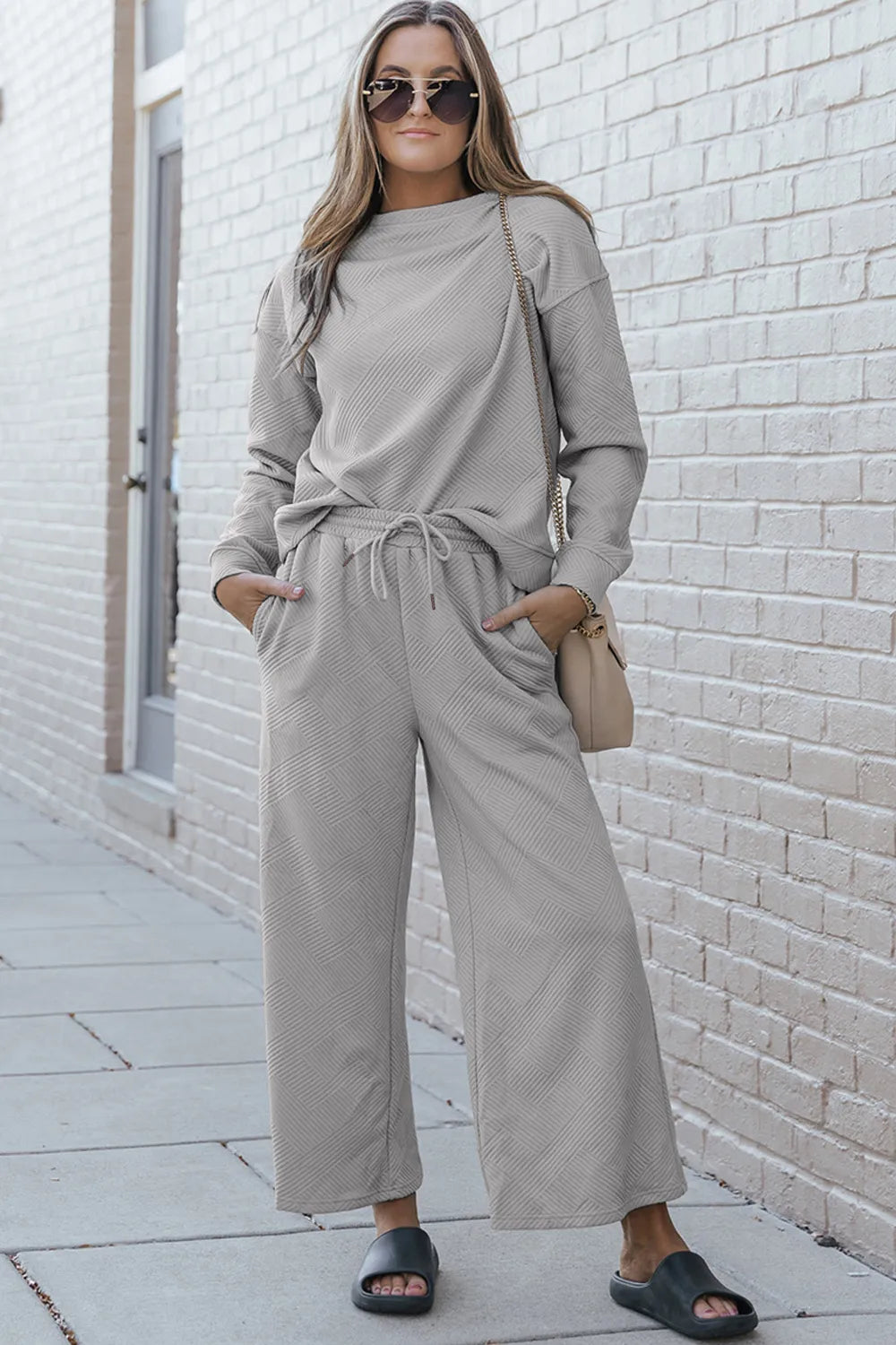 Sarah Express Women's Textured Long Sleeve Top and Drawstring Pants Set Light Gray