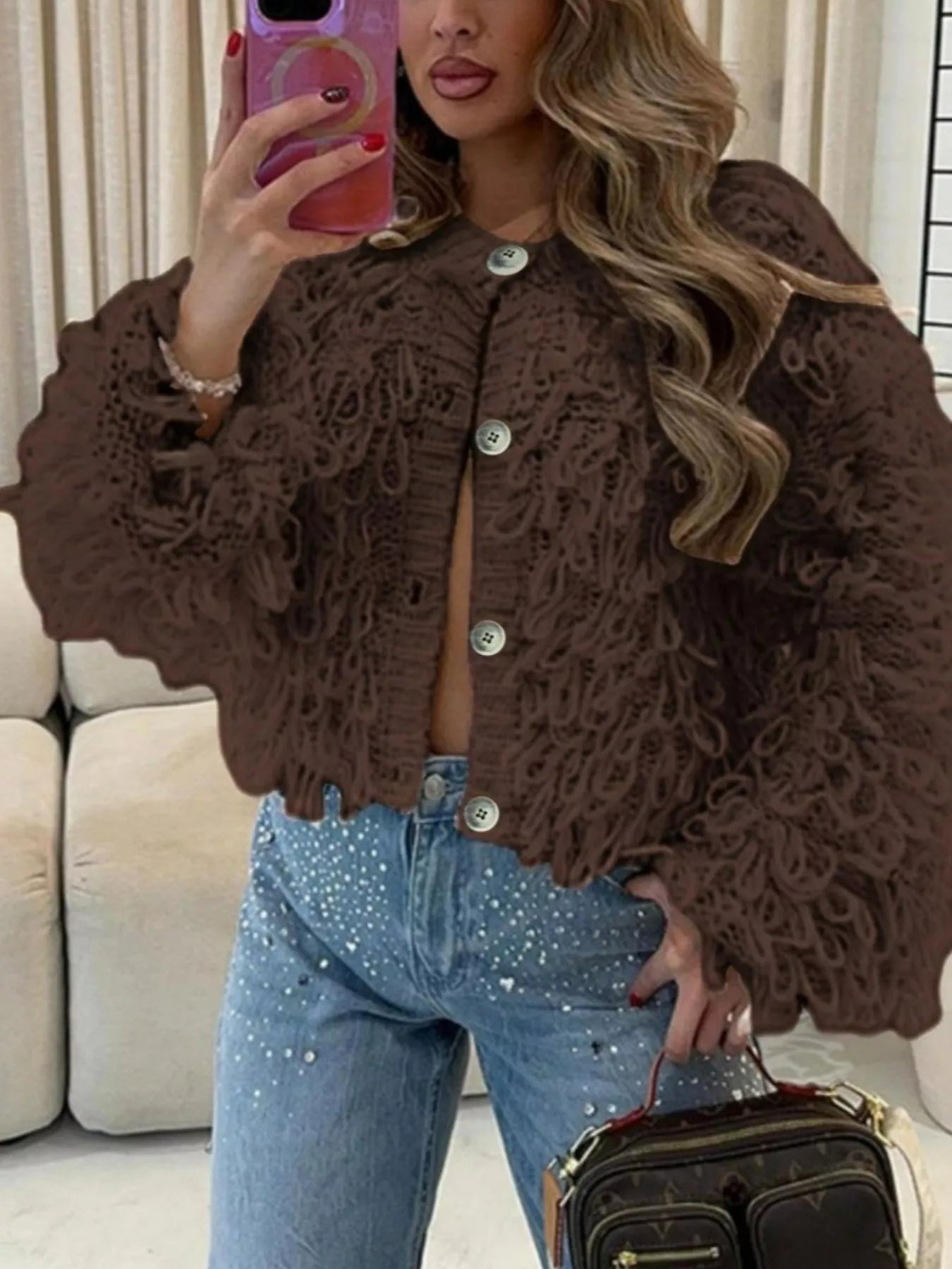 Sarah Express Women's Fringe Button Up Cardigan