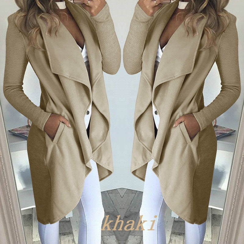 Sarah Express Women's Plus Size Polo Collar Long Trench Coat Slim Fit