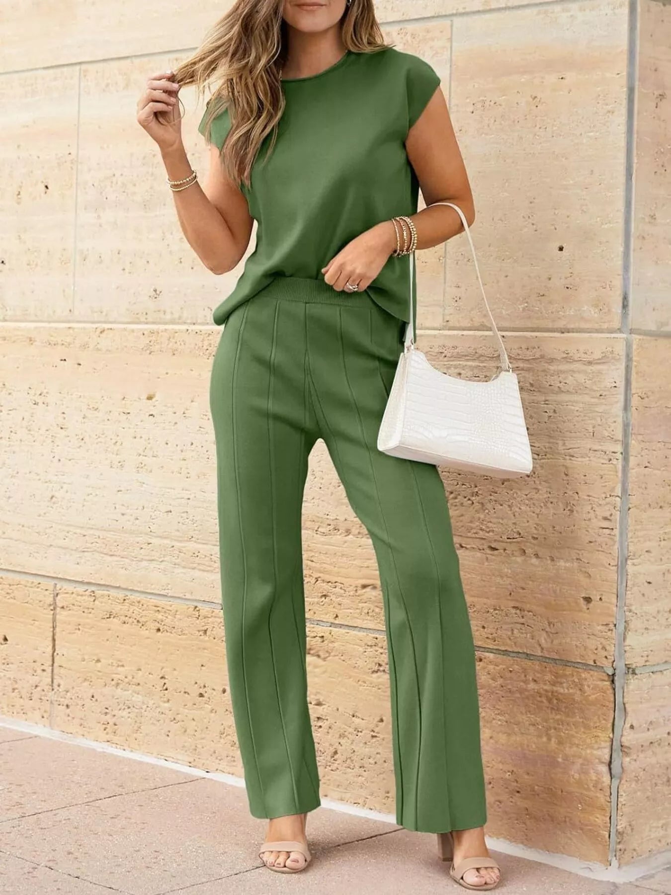 Sarah Express Women's Casual Solid Color Cap Sleeve Top and Pants Knit Set Grass Green