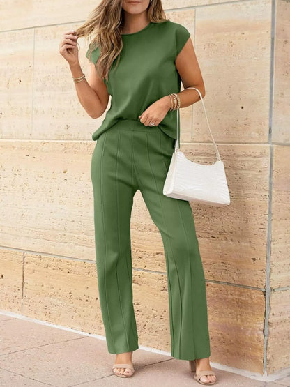 Sarah Express Women's Casual Solid Color Cap Sleeve Top and Pants Knit Set Grass Green