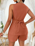 Sarah Express Cotton Linen Two-Piece Set Lace-Up Short Sleeve Top Shorts