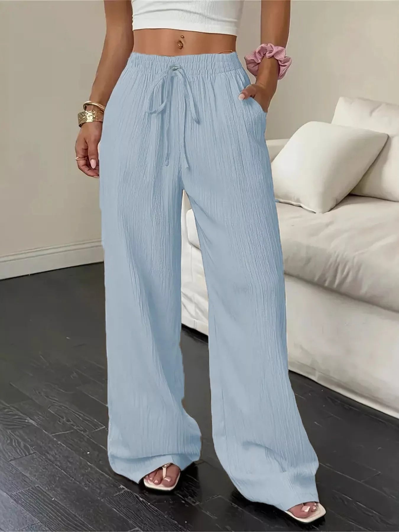 Sarah Express Women's Wide Leg Pants with Drawstring Light Blue