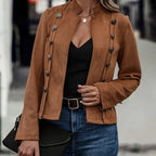 Sarah Express Women's Double-Breasted Suede Jacket Slim Fit Retro Long Sleeve Deerskin Velvet Fall Winter Outerwear
