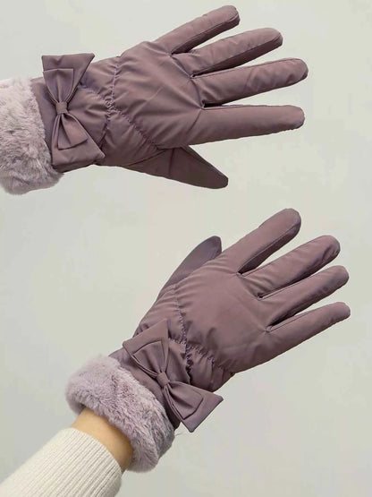 Sarah Express Women's Bow-Decorated Plush Cuff Gloves - Winter Fashion Accessory Purple One Size