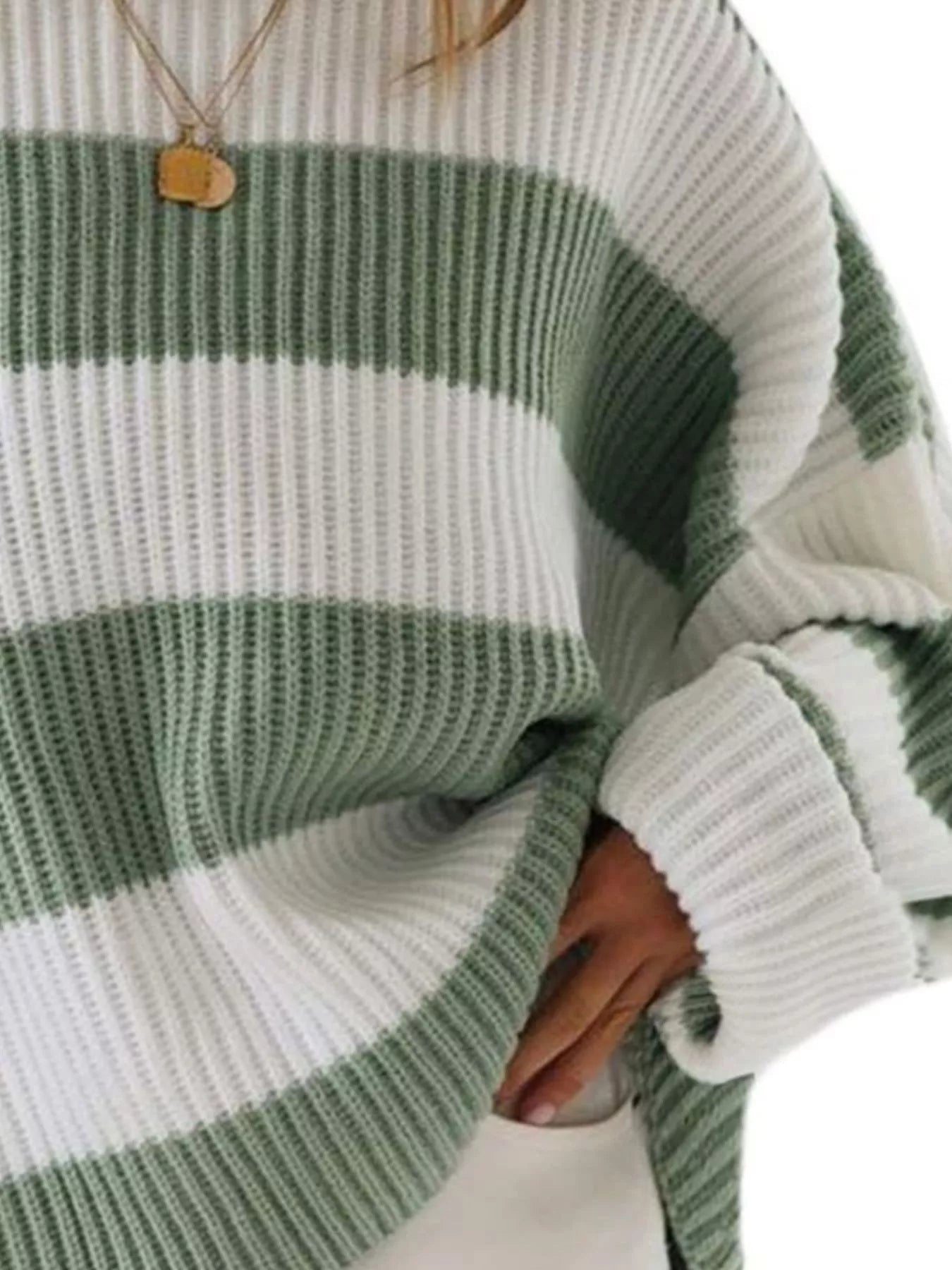 Sarah Express Women's Contrast Striped Round Neck Sweater Plus Size