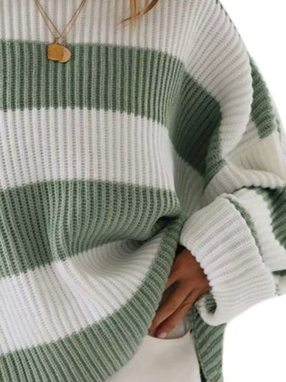 Sarah Express Women's Contrast Striped Round Neck Sweater Plus Size