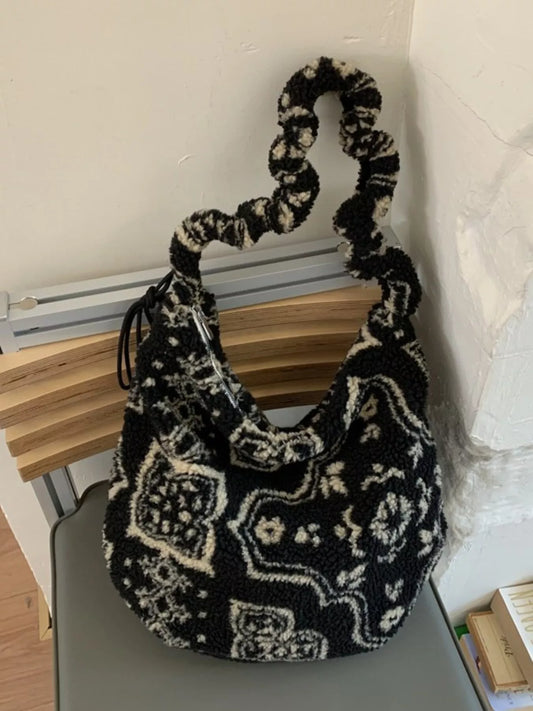 Sarah Express Women's Sherpa Ruched Strap Handbag - Plush Medium Shoulder Bag Black ONESIZE