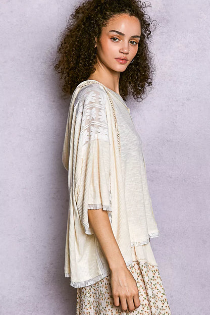 Sarah Express Women's Short Sleeve Hoodie Top with Lace Detail