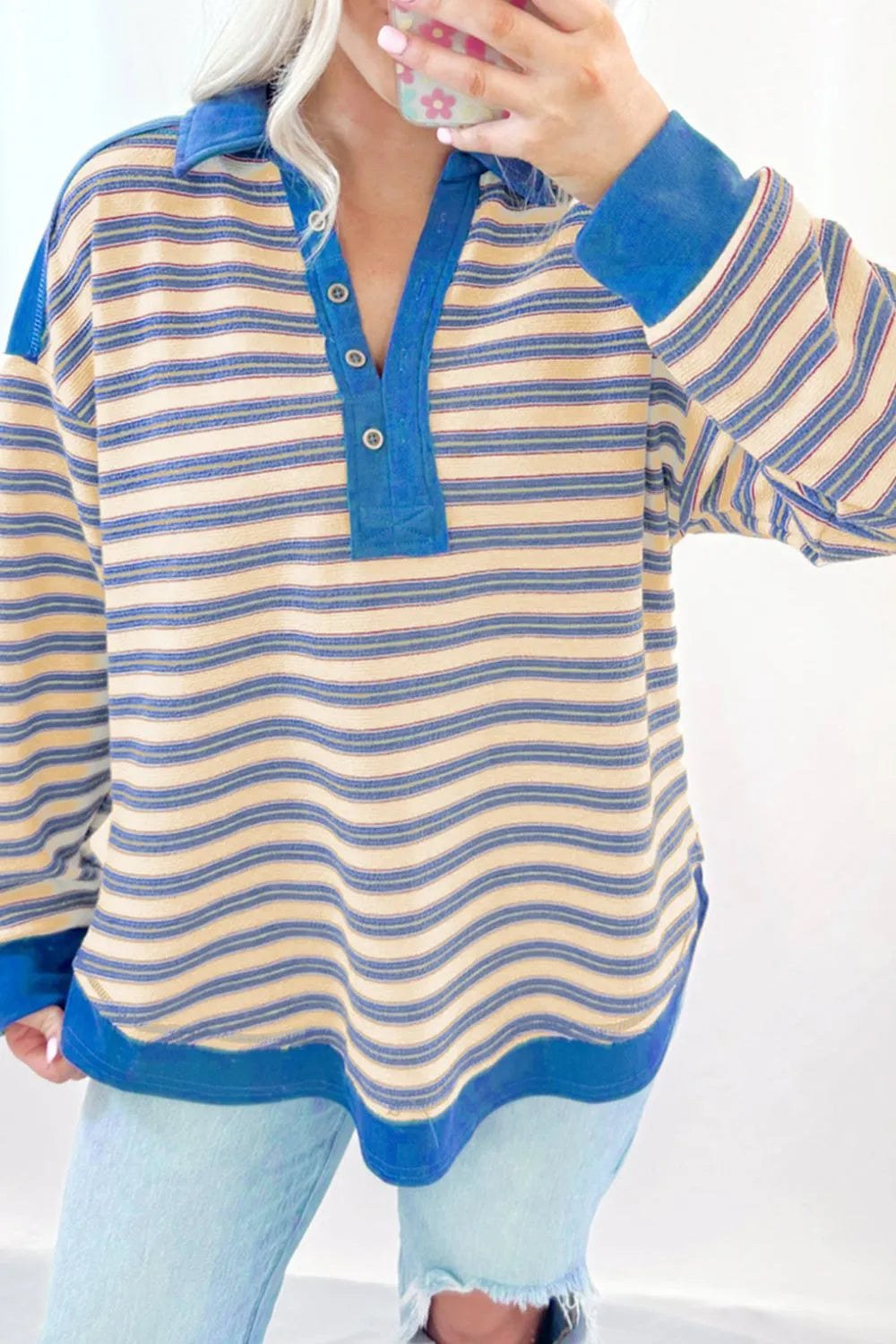 Sarah Express Women's Striped Johnny Collar Long Sleeve Sweatshirt Dusty Blue