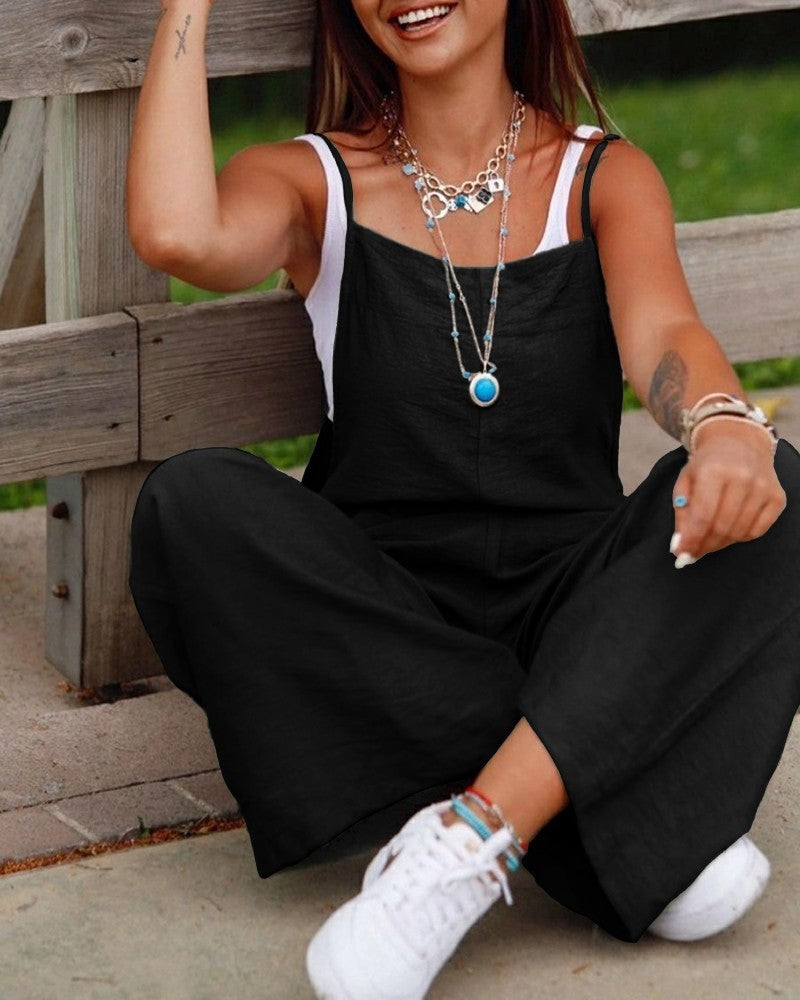 Sarah Express Women's Sleeveless Wide Leg Jumpsuit with Pockets Adjustable Strap Casual Summer Overall