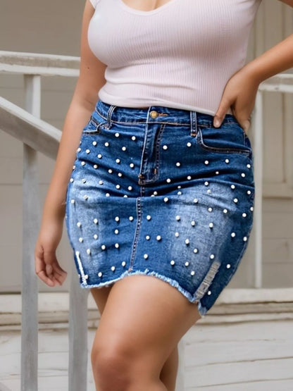 Sarah Express Women's Plus Size Pearl Embellished Denim Skirt
