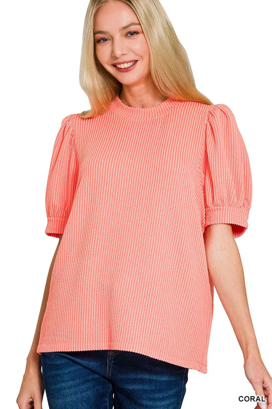 Sarah Express Women's Raised Rib Puff Sleeve Top - Textured Knit Blouse CORAL